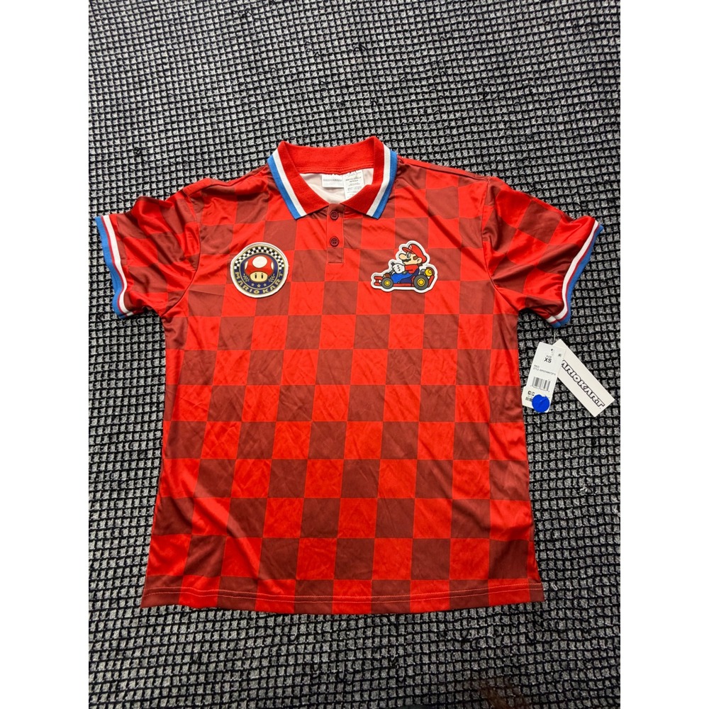 New Mario Kart Polo Shirt Mens XS Red New Checkered Mario Mushroom Patches